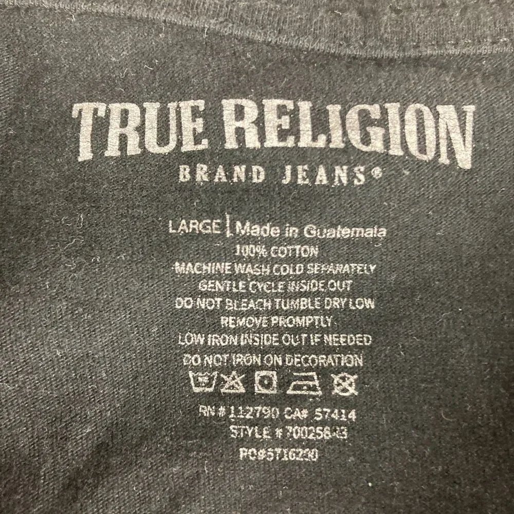 True Religion T Shirt Mens Large Black Red Logo Buddha Graphic Front Back Tee